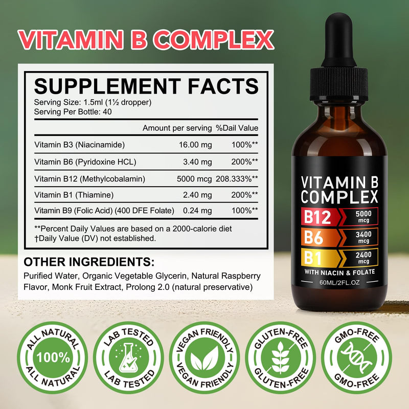 YLXYZUAD Vitamin B Complex Liquid Drops - Vitamin B12 5000mcg | B1, B3, B6, B9 | Niacin & Folate | 60ml (2 Fl Oz)