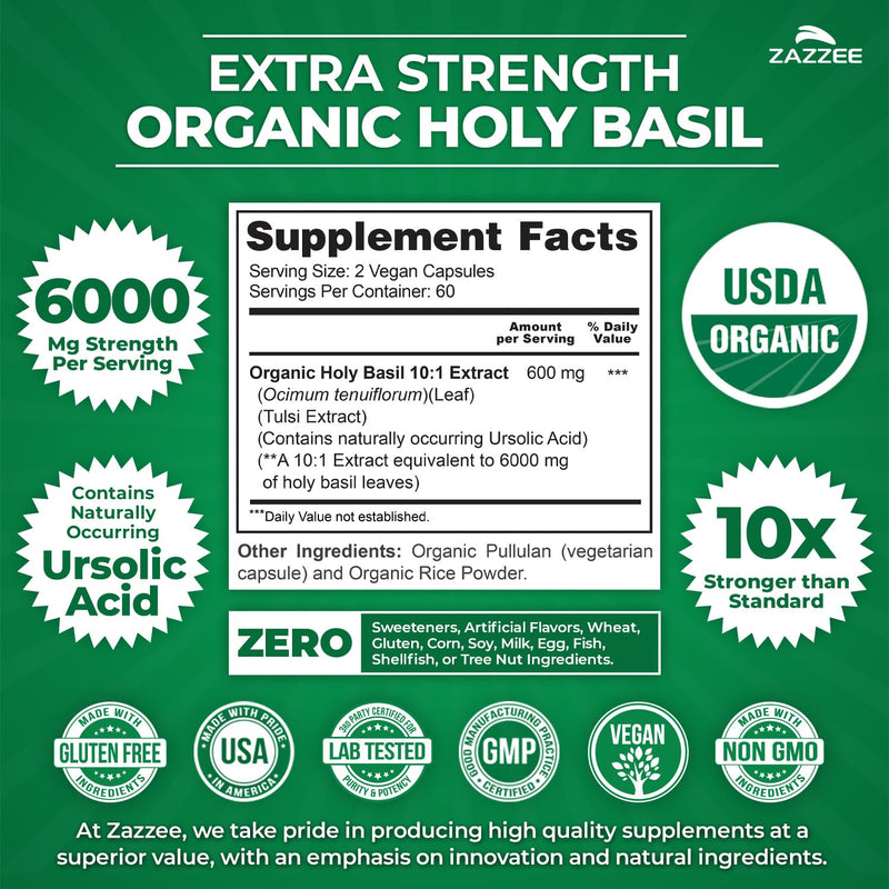 [Australia] - Zazzee USDA Organic Holy Basil 10:1 Extract, 6000 mg Strength, 120 Vegan Capsules, Concentrated and Standardized 10X Tulsi Extract, Ursolic Acid, 100% Certified Organic, Non-GMO 