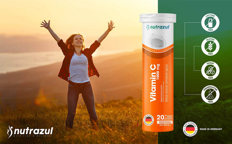 nutrazul Vitamin C 1000mg Effervescent Tablets, Orange Flavor, 20 Count | Vit C Supplement to Help Maintain Immune Function, Gluten-Free, Lactose-Free, Sugar-Free, Preservative-Free
