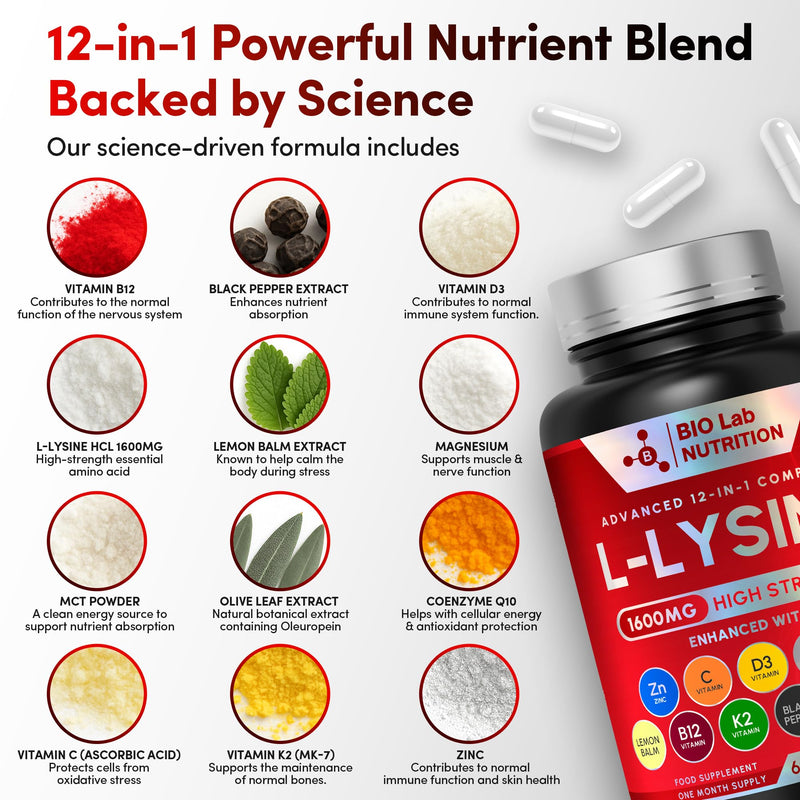 L-Lysine 1600mg High Strength - Advanced 12-in-1 Complex for Lip & Skin Health - with Zinc, Vitamin C, D3 & Lemon Balm - Triple UK Lab Tested - 60 Vegan Capsules