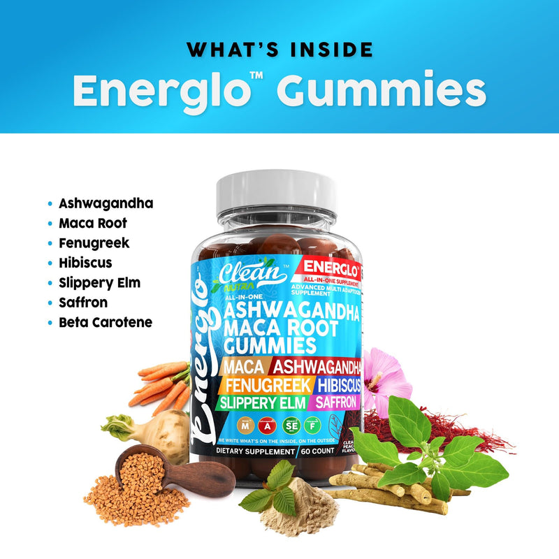 Ashwagandha Maca Root Gummies with Fenugreek Hibiscus Slippery Elm Saffron Extract & Beta Carotene | Peach Flavor Vegan Gummy Vitamins Adaptogen Cortisol Supplement Energlo By Clean Nutra 1
