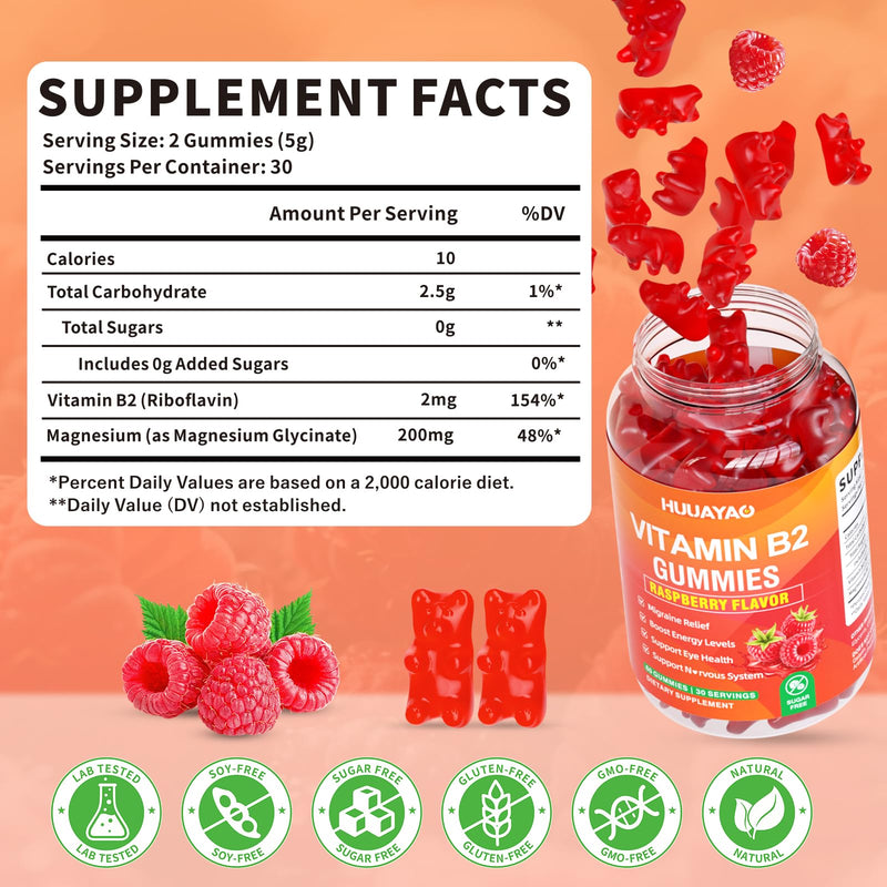 Vitamin B2 Gummies, Riboflavin Supplement with Magnesium for Kids & Adults, B2 Gummies for Migraine Relief & Nervous System Support, Vegan, Sugar-Free, Raspberry Flavor, 60 Count 60 Count (Pack of 1)