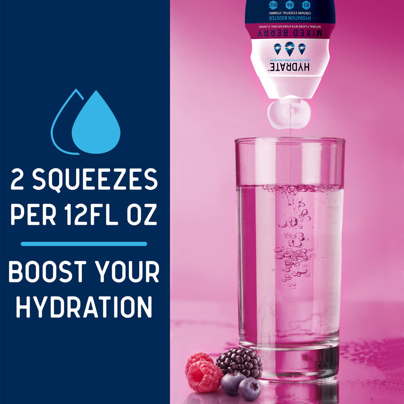 hydrate Electrolyte Liquid Drink Enhancer Drops, Low Sugar, Low Calorie, Natural Flavor Hydration Mix with Essential Vitamins B3 B6 B12 (6.22 Fl Oz (Pack of2), Mixed Berry) 3.11 Fl Oz (Pack of 2)