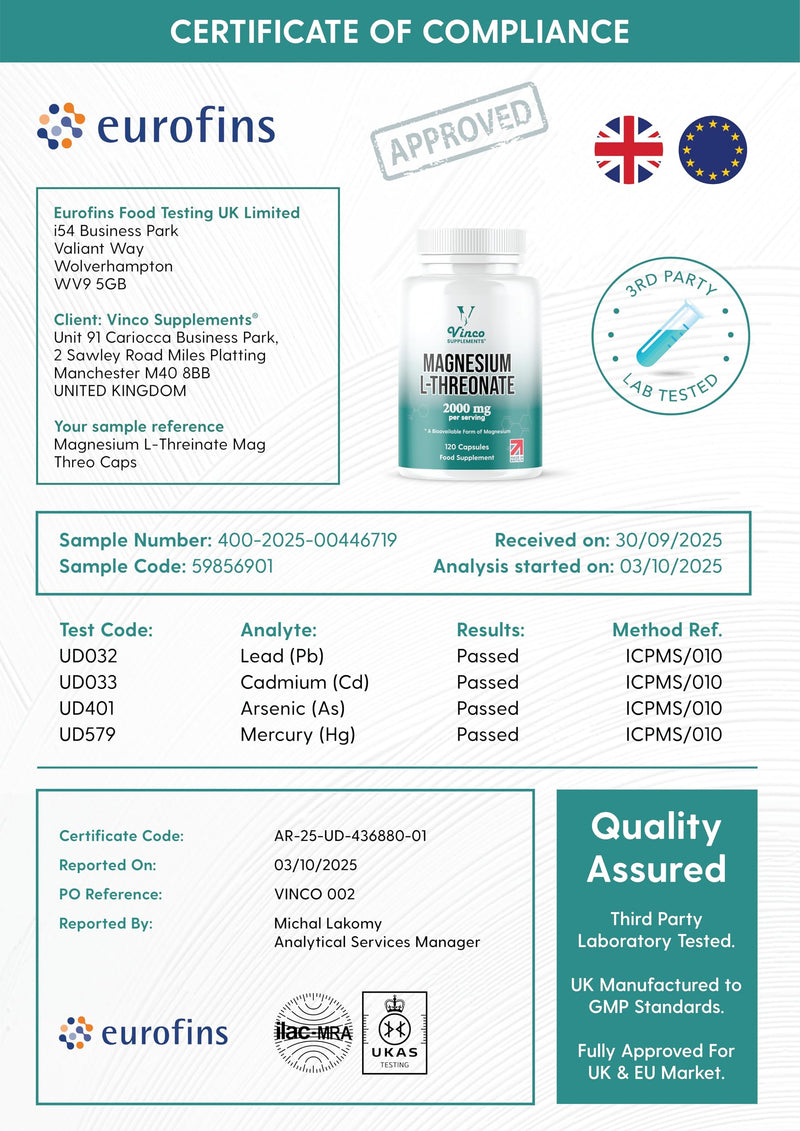 Vinco Magnesium L-Threonate Supplement - 120 High Strength Magnesium L Threonate Capsules - 2000mg Bioavailable Form of Magnesium per Serving - Non-GMO & Gluten Free - Made in The UK White