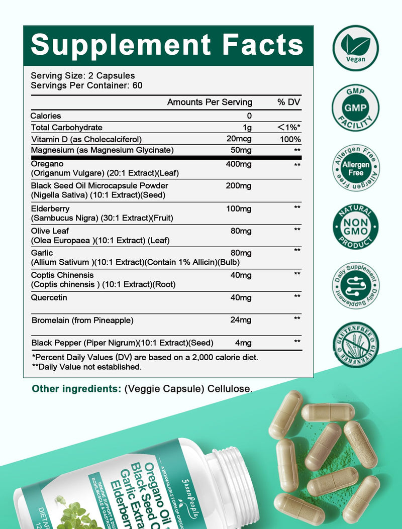 [Australia] - Organic Oregano Oil Capsules ‚Äì 11-in-1 Blend with Black Seed Oil, Elderberry, Garlic, Olive Leaf‚Äì Magnesium & Black Pepper for Absorption ‚Äì Immune, Respiratory & Digestive ‚Äì Vegan, Non-GMO, 120 Ct 120 Count (Pack of 1) 