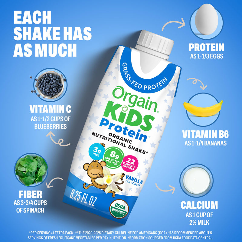 Orgain Organic Kids Nutritional Dairy Protein Shakes Bundle, Chocolate + Vanilla, 8g Protein, 3g Fiber, 22 Vitamins & Minerals, No Soy Ingredients, Gluten Free, Non‑GMO, 8.25 fl oz, Pack of 24 Chocolate & Vanilla Bundle 8.25 Fl Oz (Pack of 24)