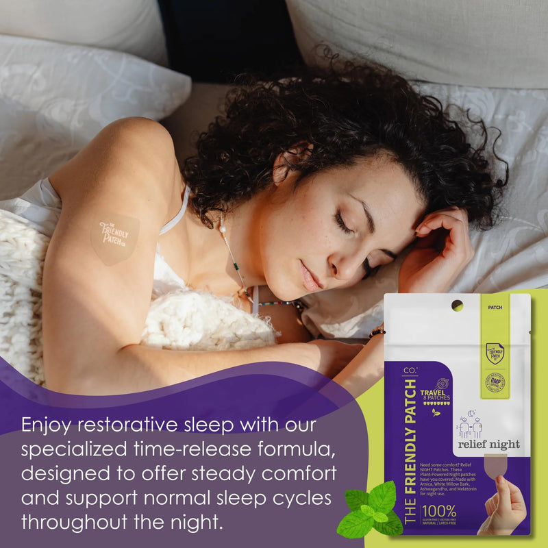 Relief Night Patch - 8 Pack Arnica, White Willow Bark, Melatonin, Ashwagandha for Soreness for Sleep Patches for Women and Men Pain - Night 8 Count (Pack of 1)