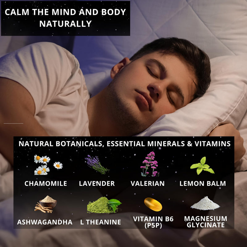 Premium Sleep Support Supplement with Magnesium Glycinate, L-Theanine, Ashwagandha, Valerian Root, Chamomile & Lemon Balm – Natural Sleep Aid & Stress Relief for Adults, Deep Restorative Sleep
