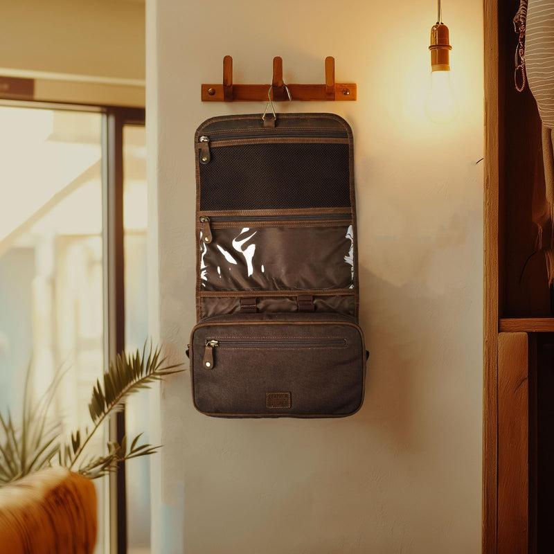 LEATHER VILLAGE Hanging Leather Toiletry Bag for Men, Dopp Kit, Brown | Genuine Buff Leather, 11X7 In Folded & 20X11 In Open, Ykk Zippers, Brass Hook,Water Resistant Canvas Lining, For Men & Women
