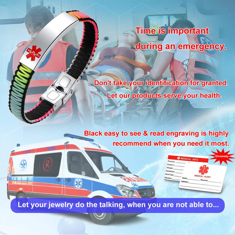 [Australia] - Medical Alert Bracelet for Women | T1D T2D Diabetes Epilepsy Medical Alert ID Emergency Bracelet for Girls & Boys | Handmade Nylon Rope Braided Bracelets, Adjustable Black+Rainbow A_Blood Thinner 