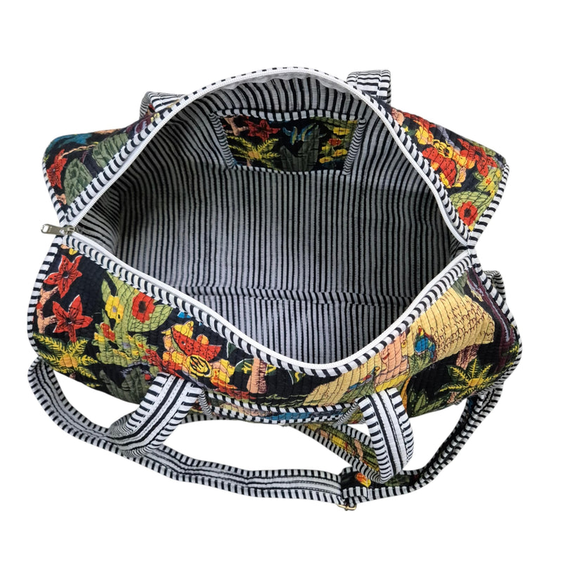 Cotton Quilted Weekender Bag for Women, Large Block Print Duffel Bag with Shoulder Strap, Carry On Overnight Travel Bag for Gym, Beach & Yoga (Midnight Meadow Quilted Duffle) Midnight Meadow Quilted Duffle