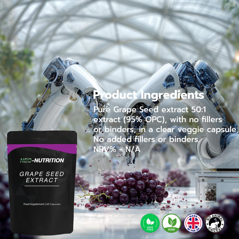 Organic Grapeseed Extract 25,000mg - High Strength 50:1 Extract - 60 Vegan Capsules - Resealable and Recyclable Pouch Neo Nutrition
