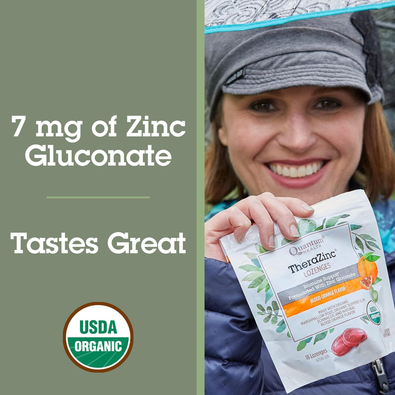 Quantum Health TheraZinc Organic Immune Support Blood Orange, 18 Lozenges | USDA Organic Zinc Gluconate Immune Supplement, Echinacea & Honey, Great Tasting Zinc Lozenges, Adults & Kids