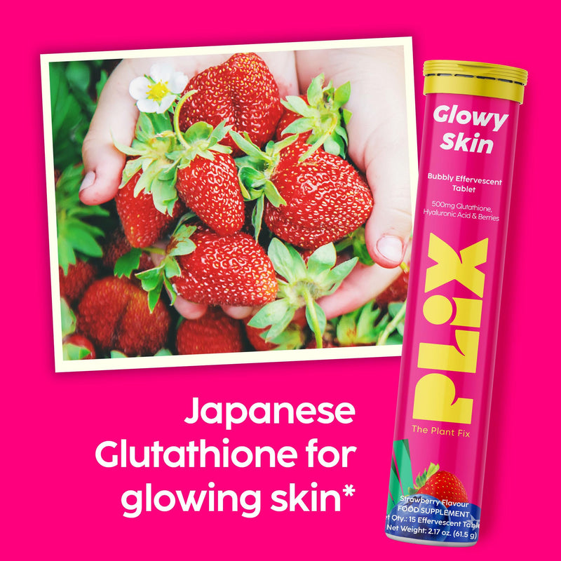 PLIX Glowy Skin 500mg Glutathione Supplement with Hyaluronic Acid, Vitamin C, E & Berries | 30 Effervescent Tablets, Strawberry Flavor 30 Tablets (Pack of 2)