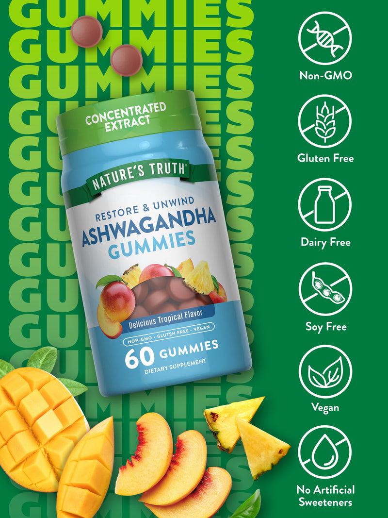 [Australia] - Nature's Truth Ashwagandha Gummies | 60 Tropical Flavor Gummies | Vegan, Non-GMO, & Gluten Free Supplement 