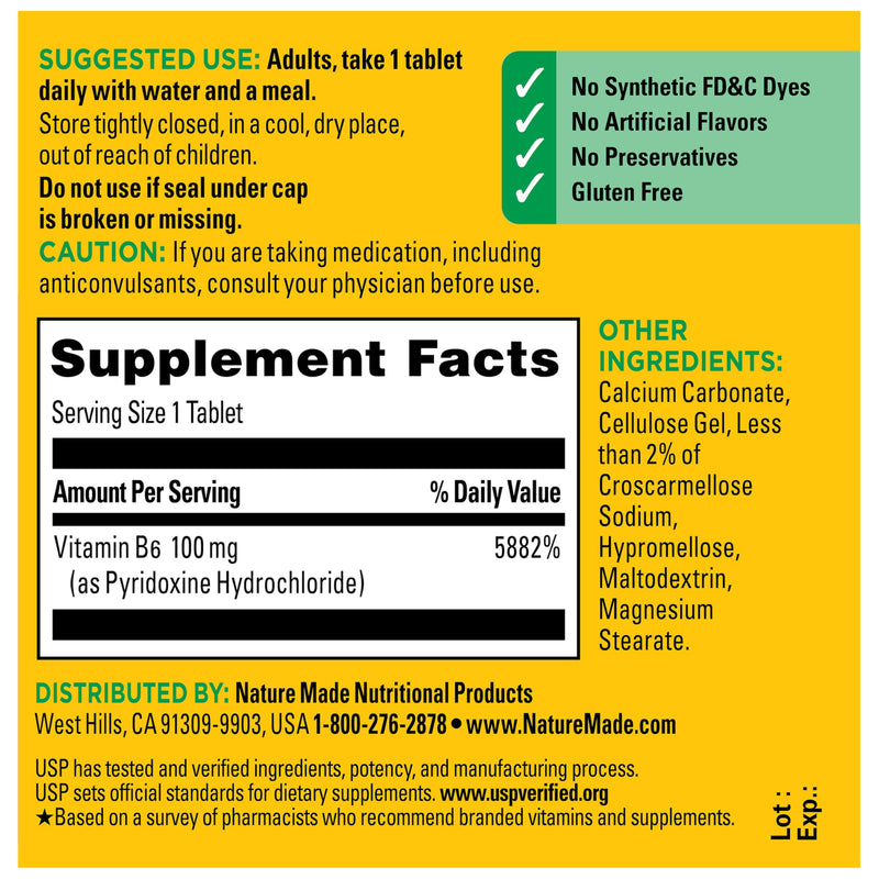Nature Made Vitamin B6 100mg, 100 Tablets | B6 Vitamins for Energy Metabolism Support, Helps Support Nervous System Function, Gluten Free, 100 Day Supply 100 Count (Pack of 1)