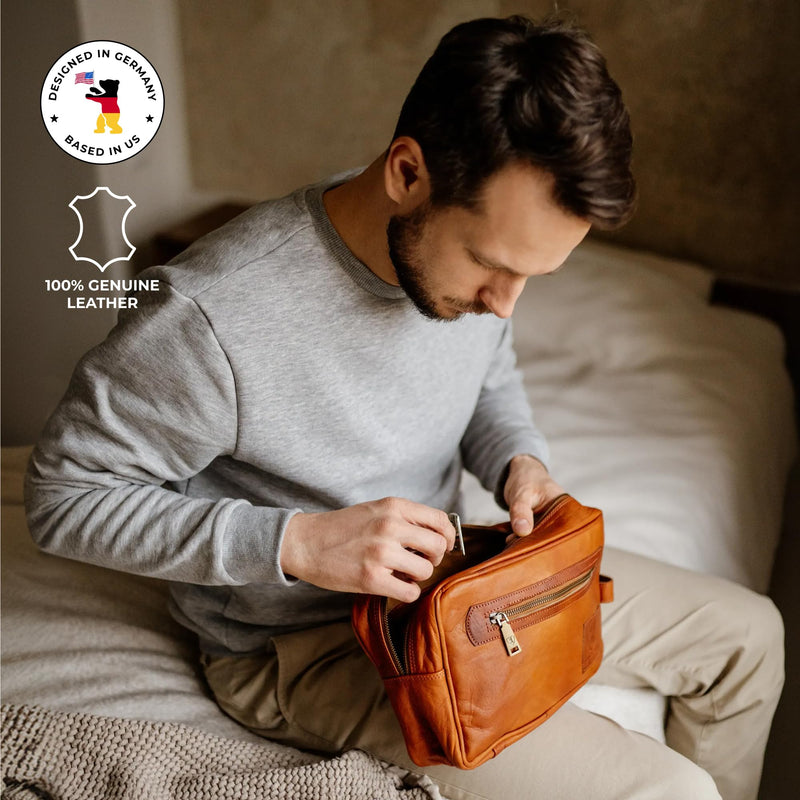 BERLINER BAGS Vintage Genuine Leather Toiletry Bag For Men Paul, Brown | Leather Travel Bag, 1-2 Zippered Compartment, Large Capacity, YKK Metal Zipper, Leather Handle 1 Compartment