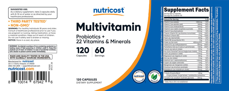 Nutricost Multivitamin with Probiotics 120 Vegetarian Capsules | Packed With Vitamins & Minerals 120 Count (Pack of 1)