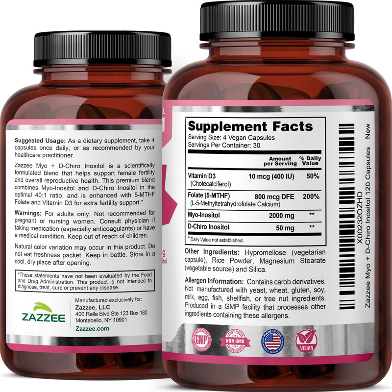 Zazzee Myo & D-Chiro Inositol Ideal 40:1 Ratio with Vitamin D3 & Folate | 120 Vegan Capsules, Hormonal Balance & Cycle Support for Women, Women’s Health Supplement, Non-GMO, Made in the USA 120 Count (Pack of 1)