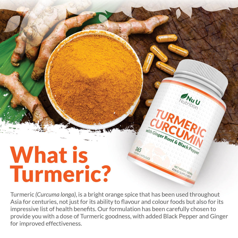 Turmeric and Black Pepper with Ginger Complex - 365 Vegan Capsules - 1 Year Supply - Tumeric Supplement Joints - High Strength Curcumin 95% Extract - Nu U Nutrition