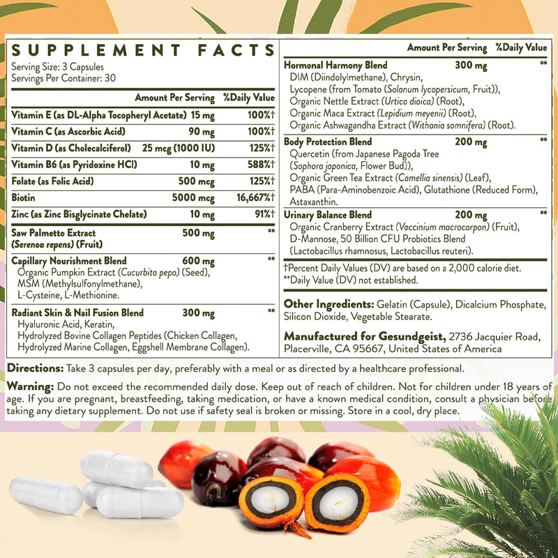 Saw Palmetto for Women Hair Loss - DHT Blocker with 5-in-1 Blend for Hair Growth, Skin & Nails, Urinary Wellness - Extra Strength Saw Palmetto Supplement - 90 Capsules | for Hair Growth, Skin & Nails, Urinary Wellness - Extra Strength Saw Palmetto Supp...