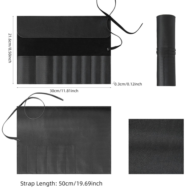 Kacctyen Black Leather Makeup Brush Roll, Full Grain Leather Organizer with 8 Brush Slots, Travel-friendly Cosmetic Tool Holder for Makeup Artists & Beauty Enthusiasts