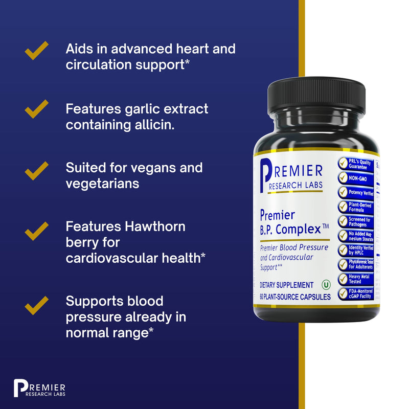 [Australia] - Premier Research Labs BP Complex - for Heart Health - with Garlic, Hawthorn, Olive Leaf, Reishi, Cayenne & Organic Celery - Allicin Supplement - Non-GMO, Vegan Formula - 60 Plant-Source Capsules 