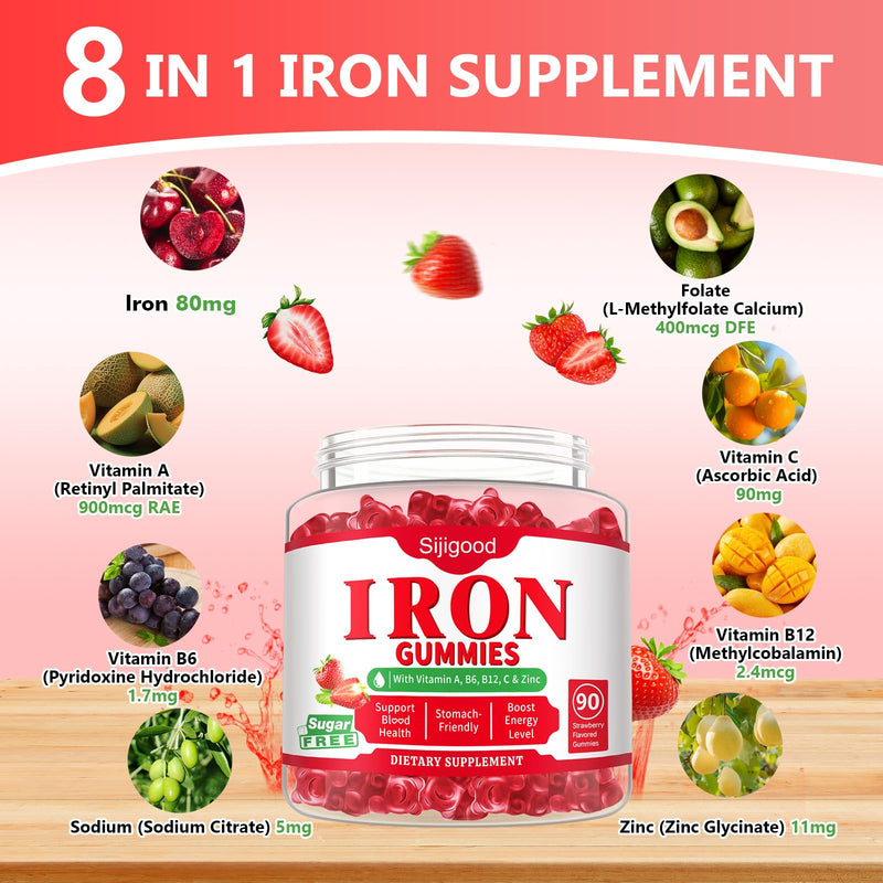 90 Count | Iron Supplement for Women, Men & Kids, Iron Gummies for Iron Deficiency & Anemia with Vitamin C B6 B12,Folate-Iron Supplement Support Bl♡♡d Oxygen & Energy Boost, Vegan,Non-GMO &Gluten Free Strawberry 90 Count (Pack of 1)