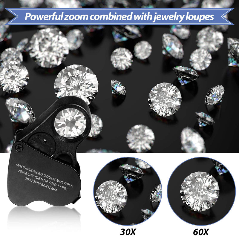 [Australia] - 2 Pieces Jewelers Magnifying Glass 30X 60X 90X Illuminated Eye Magnifier Jewelry Magnification Glass Loop with UV Black Light and Bright LED Light for Jewelry Diamond Gemstone Coin (Black) Black 