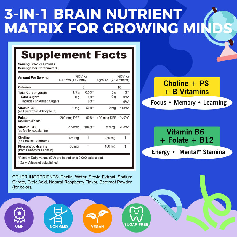 Choline Gummies for Kids & Teens, Brain Supplement with Phosphatidylserine | Choline, Phosphatidylserine & Active B Vitamins, Support Focus & Memory, Age-Based Formula, Daily Choline Support, Sugar Free