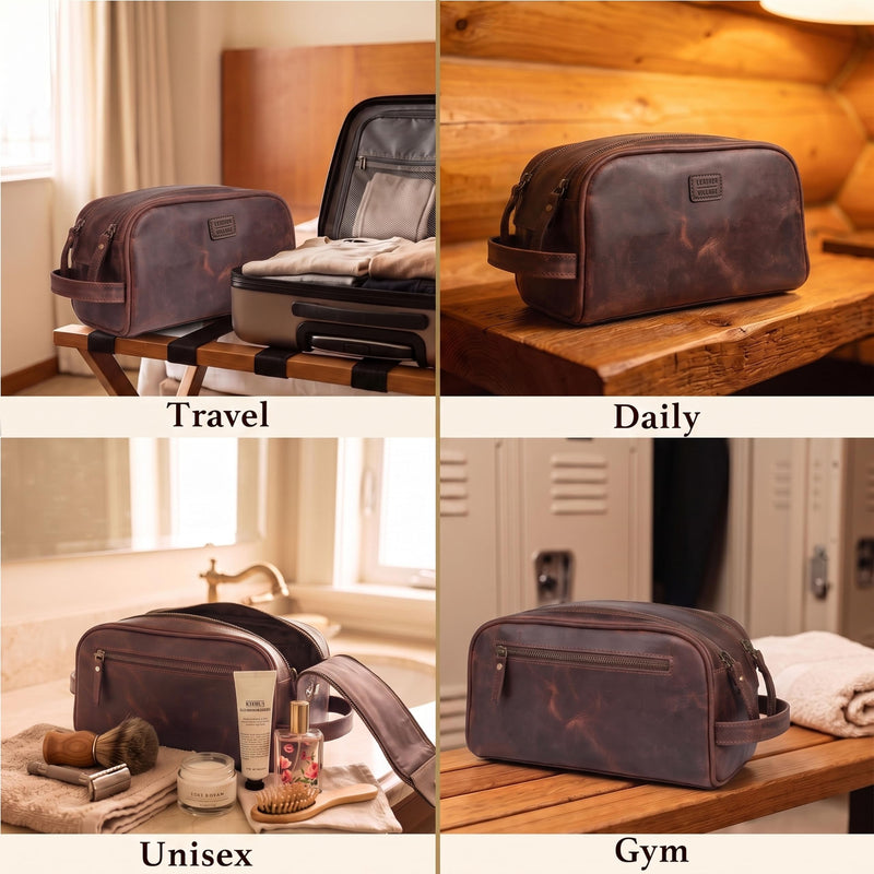 LEATHER VILLAGE Leather Toiletry Bag for Men, Travel Dopp Kit Shaving Bag | Full grain buffalo leather, water-resistant lining, 10x6x6 in YKK zippers, side handle, travel shaving & grooming kit -Cherry Mulberry Brown