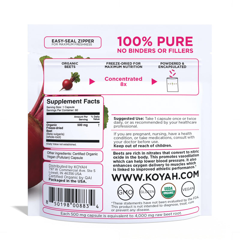 [Australia] - KOYAH Organic Beet Capsules ‚Äì Freeze-Dried Whole Beet Root ‚Äì 500 mg Powder per Capsule (Equivalent to 4,000 mg Fresh Beets) ‚Äì Supports Blood Pressure & Athletic Performance 