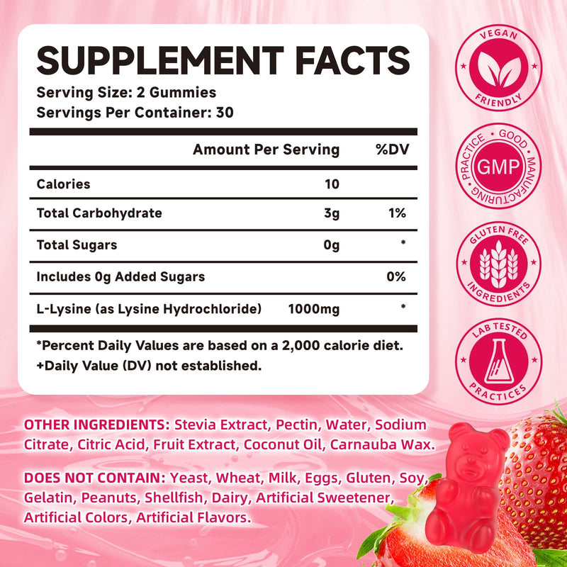 [Australia] - L-Lysine 1000mg Gummies, Chewable Lysine Supplement for Adults & Kids Immune Support, Essential Amino Acid, Vegetarian, Non-GMO, Sugar-Free, Gluten Free, Strawberry Flavor, 60 Counts 60 Count (Pack of 1) 