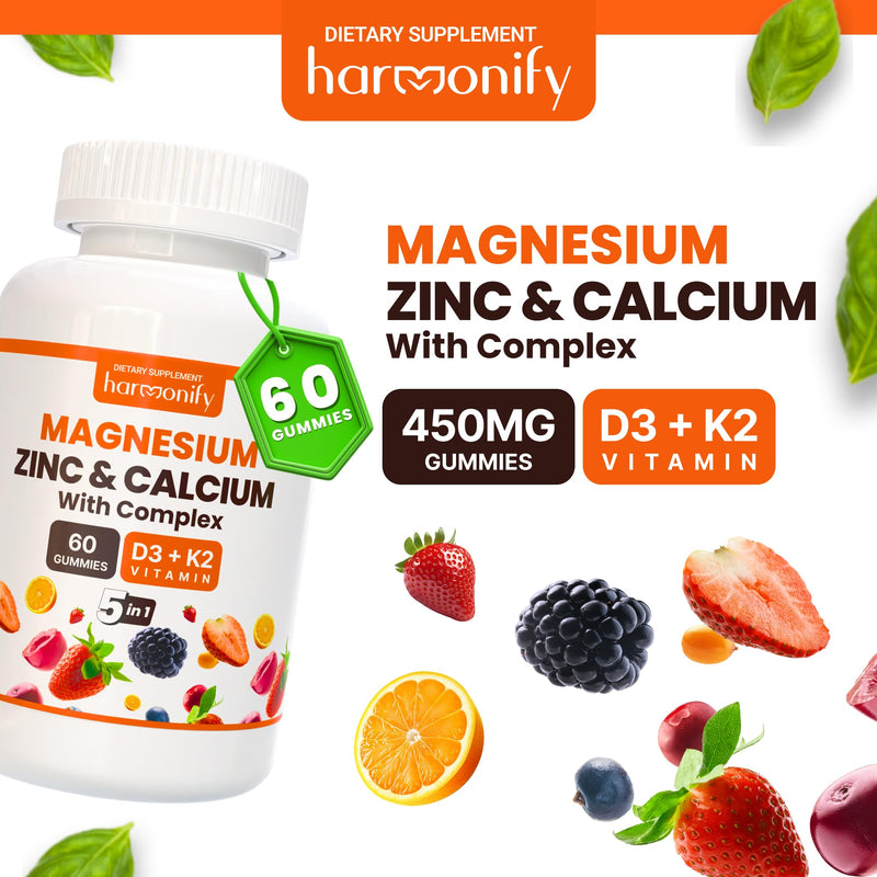 Magnesium Calcium Zinc with Vitamin D3 & K2 Gummies, Multivitamin for Women and Men, Bone Strength & Muscle Function, Extra Absorption Formula, 30 Days Serving