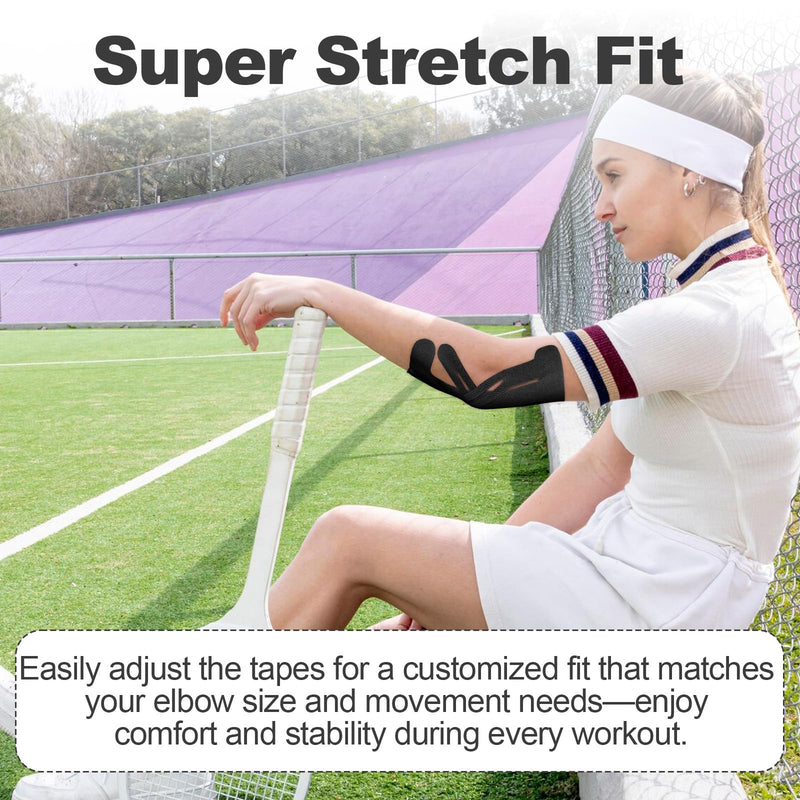 20 Count Pre-Cut Kinesiology Tape for Elbow, Precut Muscle Tapes Strips for Elbow Waterproof Breathable Hypoallergenic Latex-Free, Elastic Cotton Sports Athletic Tapes for Elbow Pain Relief & Support Black