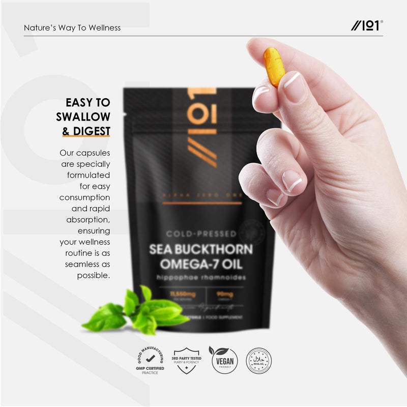Sea Buckthorn Omega 7 Oil 11,550mg - 60 Vegan Softgels- High Strength 90mg Palmitoleic Acid- Pure & Potent Hippophae Rhamnoides Supplement Capsules - By Alpha01