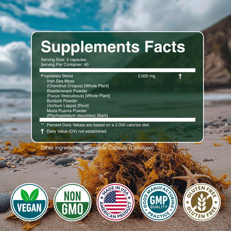 [Australia] - Sea Moss Capsules - Irish Sea Moss Advanced with Burdock Root, Bladderwrack & Muira Puama for Immunity, Gut, & Energy - Superfood Sea Moss Supplements w/Raw Sea Moss Powder, 120 Capsules, (3 Pack) 