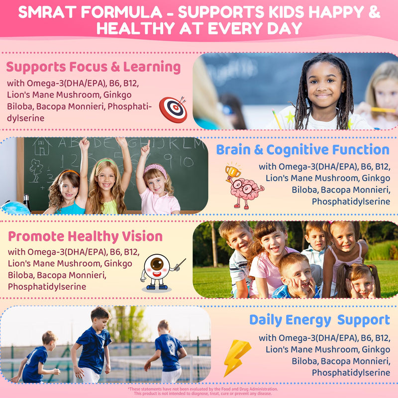 Omega 3 Gummies for Kids, w/DHA + EPA Plus Methyl B12 B9, D3 K2, 60cts | Lion's Mane, Super Greens, Lutein, Picky Eater Vitamins for Growth, Cognitive & Immune Support, No Fish Burps, Sugar Free 60 Count (Pack of 1)