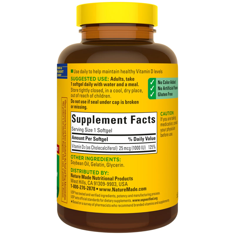 Nature Made Vitamin D3 1000 IU (25 mcg), 300 Vitamin D Softgels | Vitamin D Supplement for Immune, Bone, Teeth and Muscle Health Support, 300 Day Supply 300 Count (Pack of 1)