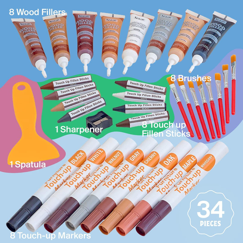 [Australia] - Katzco Furniture Repair Kit Wood Markers - Set of 34 - Markers and Wax Sticks with Sharpener - for Stains, Scratches, Floors, Tables, Desks, Carpenters, Bedposts, Touch-Ups, Cover-Ups 