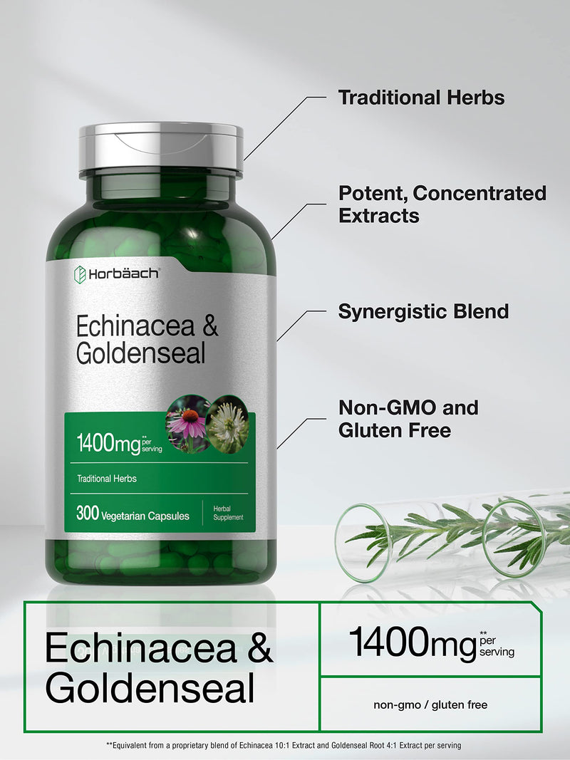 Horbäach Echinacea Goldenseal Capsules | 1400mg | 300 Count | Vegetarian, Non-GMO, Gluten Free Extract Supplement