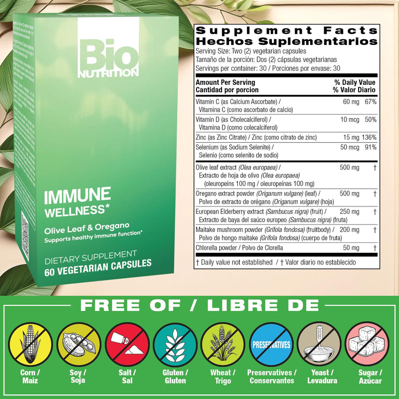 [Australia] - Bio Nutrition Immune Wellness Supplement 60 Vegetarian Capsules | Olive Leaf and Oregano | Minerals and Antioxidants for General Health Support | Immune Support 