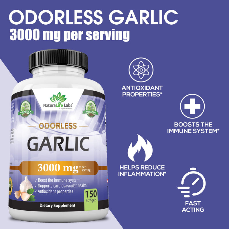 [Australia] - Odorless Pure Garlic 3000 mg per Serving Maximum Strength 150 Soft gels Promotes Healthy Cholesterol Levels Immune System Support 