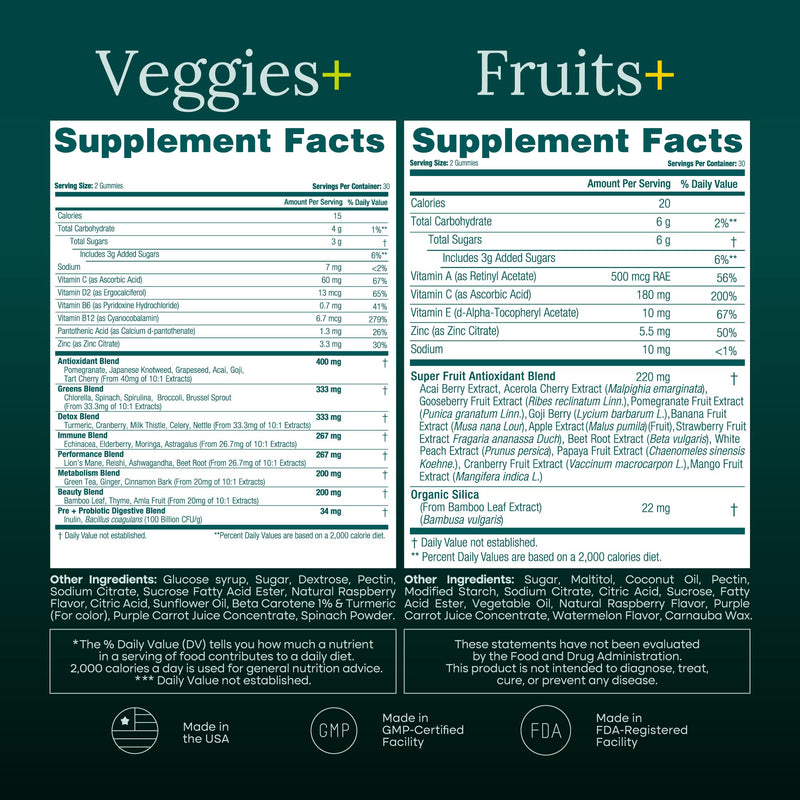 Fruits and Veggies Gummies with 9 Superfruits & 30 Veggies (120 Soft Chews) | Fruits and veggies supplement with vitamins & minerals, super greens gummies, non-GMO, pectin-based, gluten-free, USA