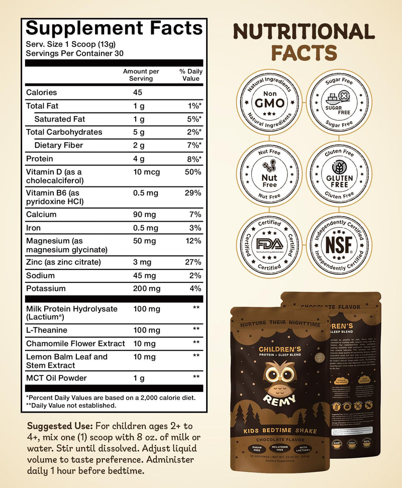 Remy Protein Drink Mix for Kids - Nutritious & Delicious Powdered Chocolate Sleep Aid Shake - Supports Healthy Growth, Easy-to-Mix - Non-GMO Balanced Daily Nutrition Drink
