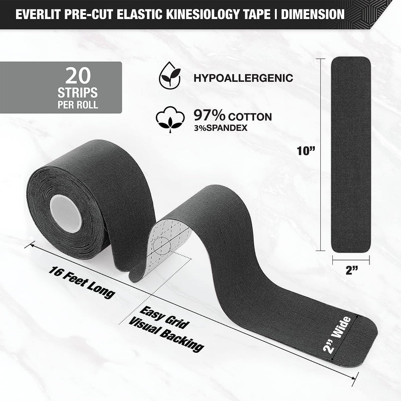 [Australia] - EVERLIT [4-Pack] Pre-Cut Elastic Cotton Kinesiology Therapeutic Athletic Sports Tape, for Pain Relief and Support, 80 Precut 10” Strips (Black) Black 