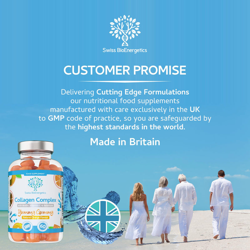 Collagen Complex - 60 Natural Orange Flavour Chewable Yummy Gummies - One a Day 500mg Bovine Collagen, Biotin, Vitamin C, Selenium, Vits B6 and B12 – Healthy Skin and Hair for Men and Women – UK Made 60 Gummies