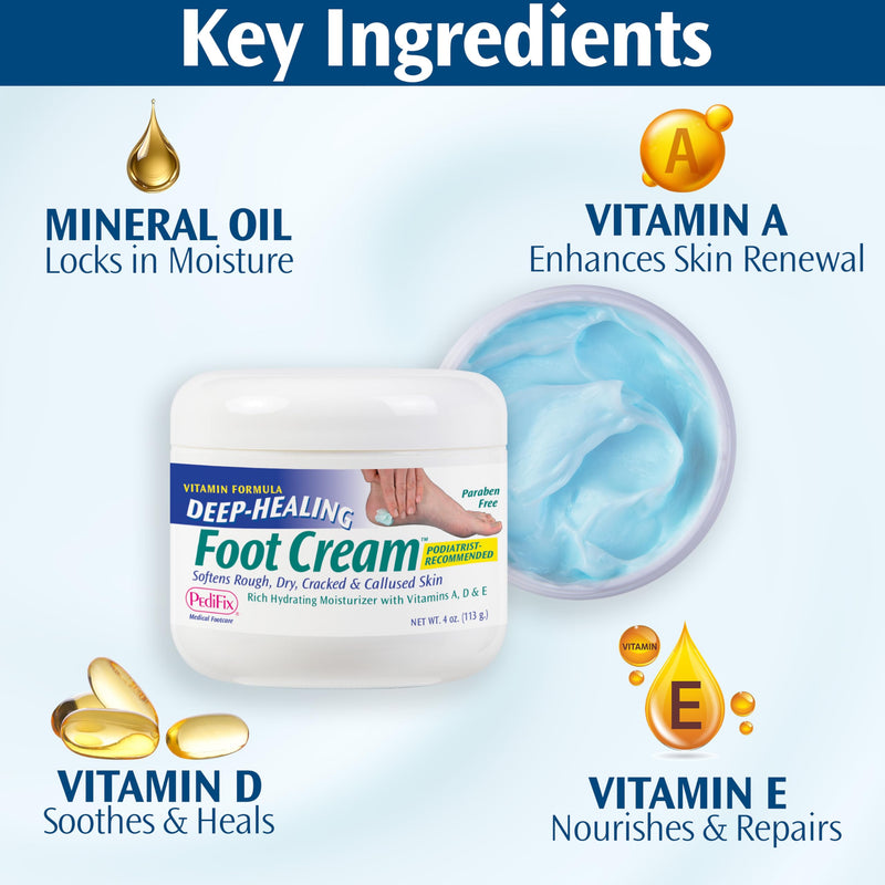 PediFix Deep-Healing Moisturizing Foot Cream, Vitamins A, D & E, 4 oz | Mineral oil and vitamins A, D and E moisturize dry feet and cracked heels. Concentrated cream absorbs without greasy residue. 4 Ounce (Pack of 1)