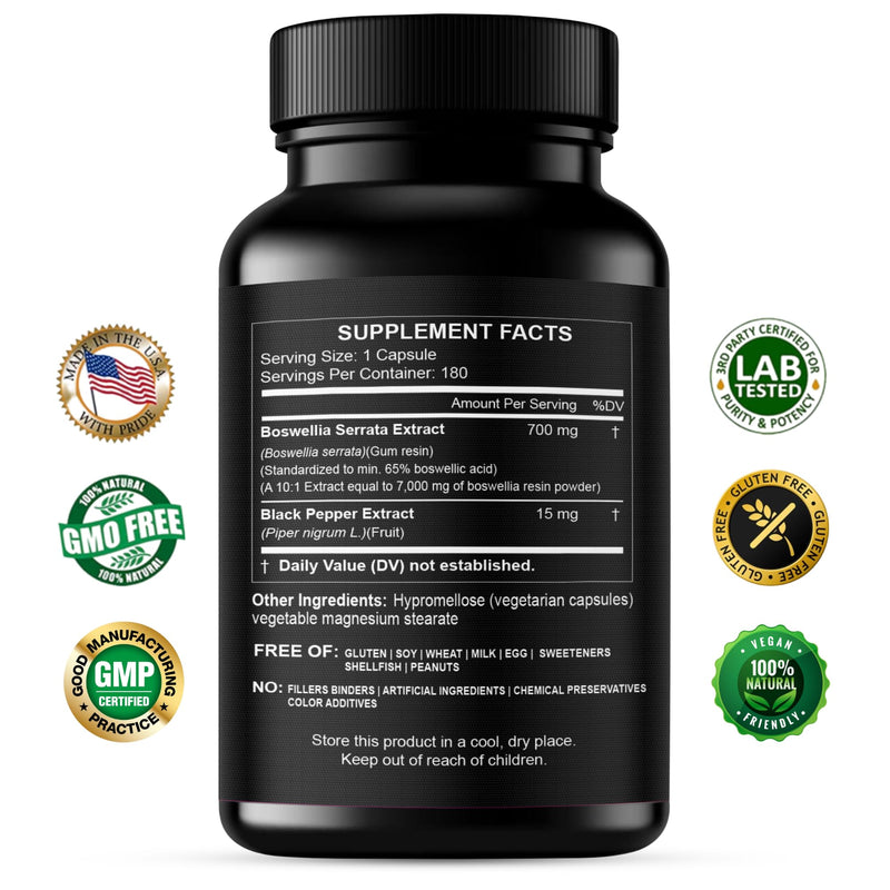[Australia] - Boswellia Serrata Extract Capsules 65% Boswellic Acid 700mg Equal to 7000mg Resin Powder, Extra Strength & Superior Absorption, 6 Month Supply 180 Vegan Capsules Non-GMO 