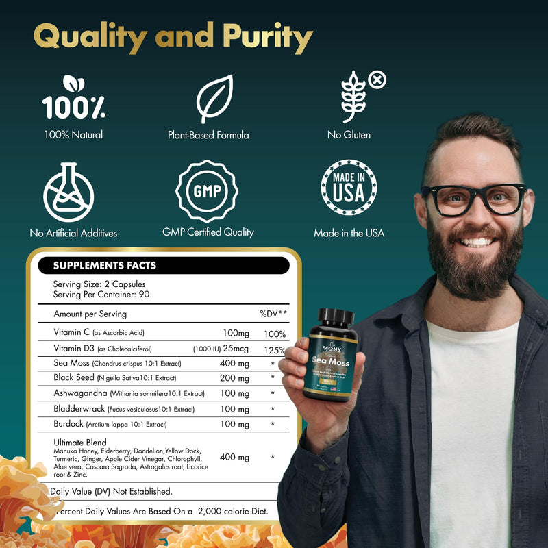 [Australia] - Organic Irish Sea Moss Capsules - Advance Formula, Raw Wildcrafted Seamoss Supplement with Bladderwrack and Burdock Root - 180 Pills - Made in The USA 